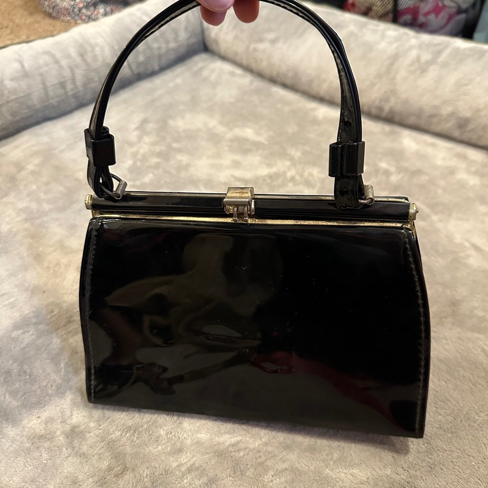 Vintage 1960s AETNA USA Black Patent Vinyl Kiss Lock Evening‎ Handbag